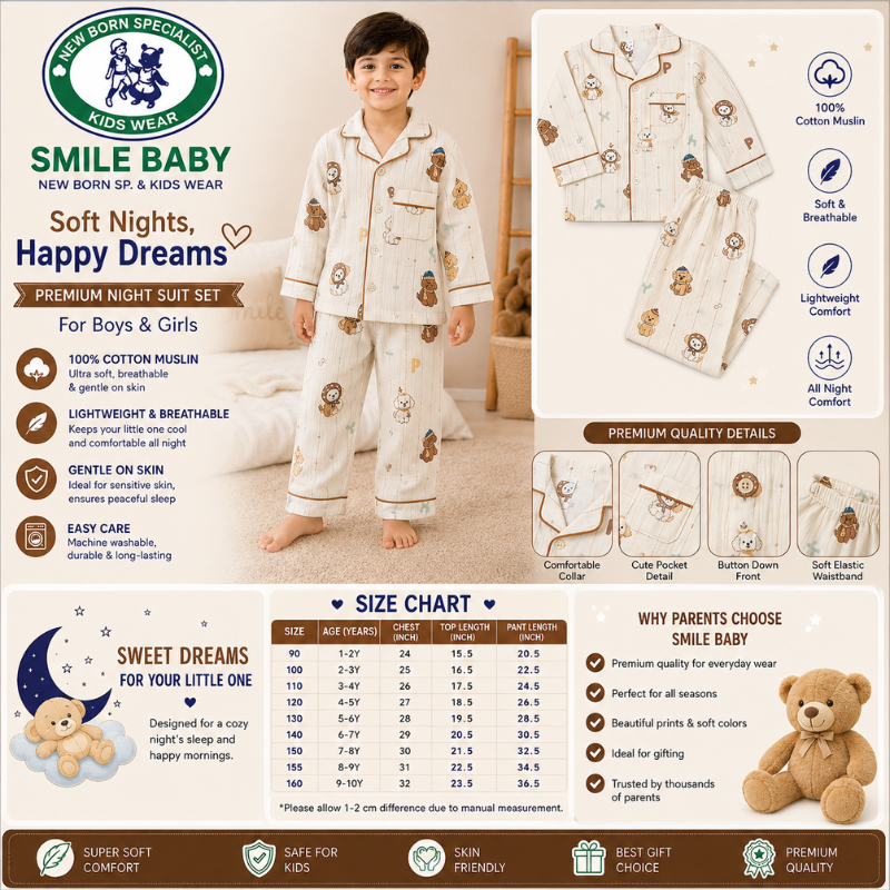 Smile Baby Premium Boys Cotton Muslin Animal Print Night Suit Set | Full Sleeve Shirt & Pajama