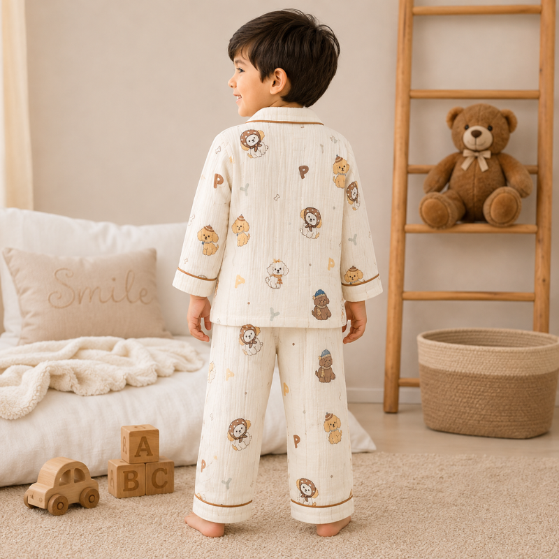 Smile Baby Premium Boys Cotton Muslin Animal Print Night Suit Set | Full Sleeve Shirt & Pajama