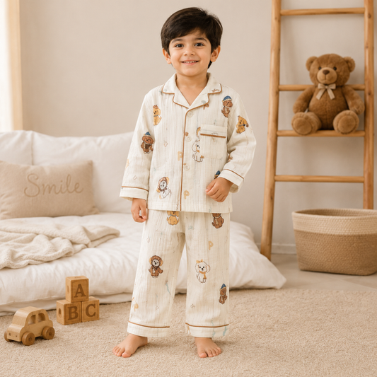 Smile Baby Premium Boys Cotton Muslin Animal Print Night Suit Set | Full Sleeve Shirt & Pajama