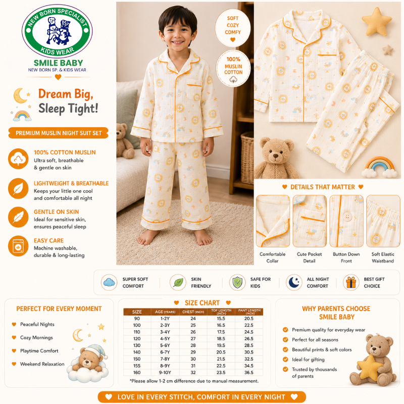 Smile Baby Premium Cotton Muslin Lion & Rainbow Print Night Suit Set for Boys | Full Sleeve Shirt & Pajama