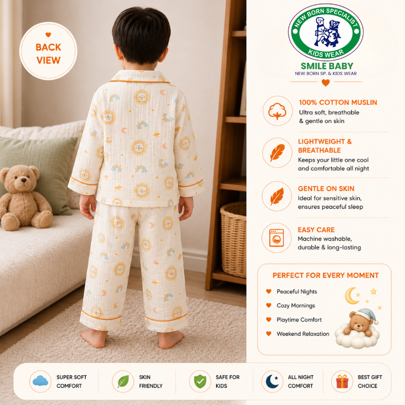 Smile Baby Premium Cotton Muslin Lion & Rainbow Print Night Suit Set for Boys | Full Sleeve Shirt & Pajama
