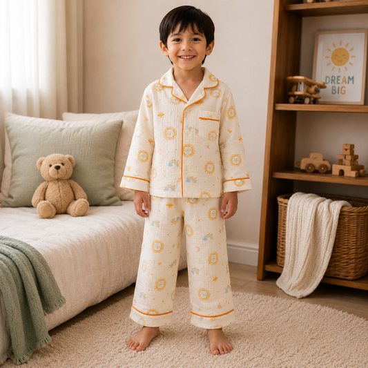 Smile Baby Premium Cotton Muslin Lion & Rainbow Print Night Suit Set for Boys | Full Sleeve Shirt & Pajama