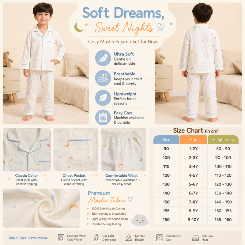 Smile Baby Premium Cotton Muslin Moon & Star Print Night Suit Set for Boys | Full Sleeve Shirt & Pajama