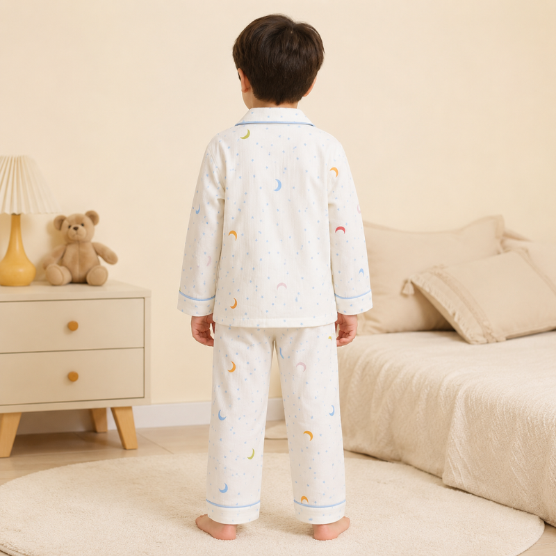 Smile Baby Premium Cotton Muslin Moon & Star Print Night Suit Set for Boys | Full Sleeve Shirt & Pajama