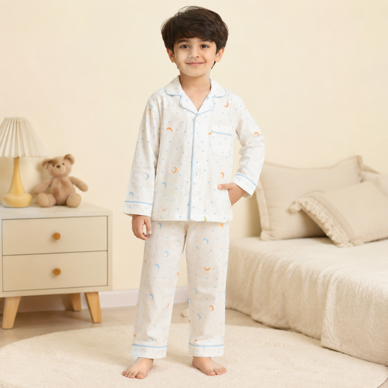 Smile Baby Premium Cotton Muslin Moon & Star Print Night Suit Set for Boys | Full Sleeve Shirt & Pajama