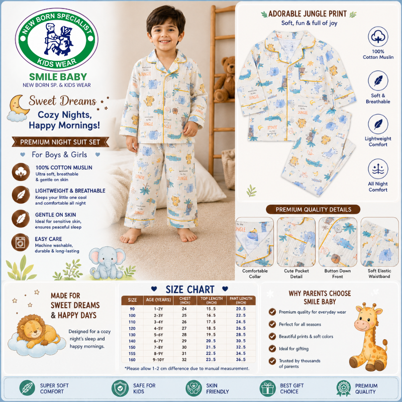 Smile Baby Premium Cotton Muslin Jungle Print Night Suit Set for Boys & Girls | Full Sleeve Shirt & Pajama