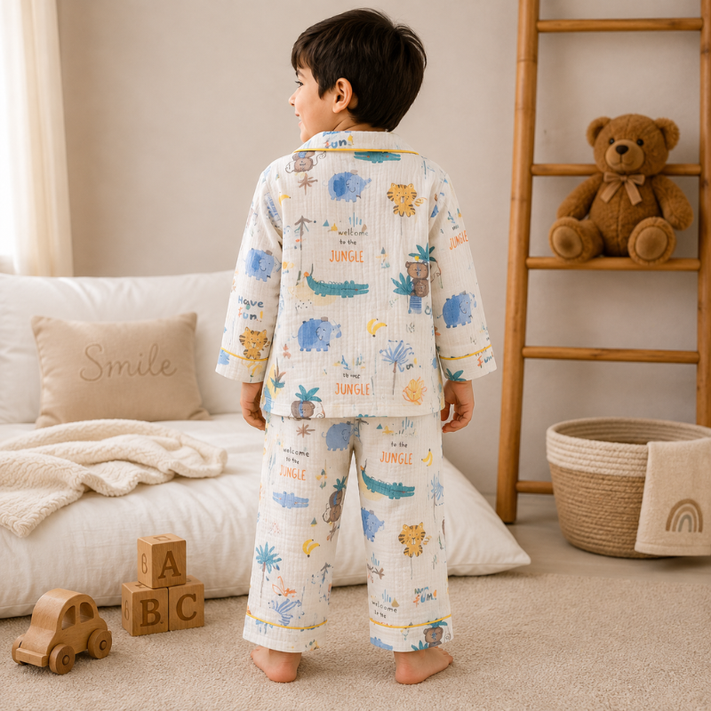 Smile Baby Premium Cotton Muslin Jungle Print Night Suit Set for Boys & Girls | Full Sleeve Shirt & Pajama