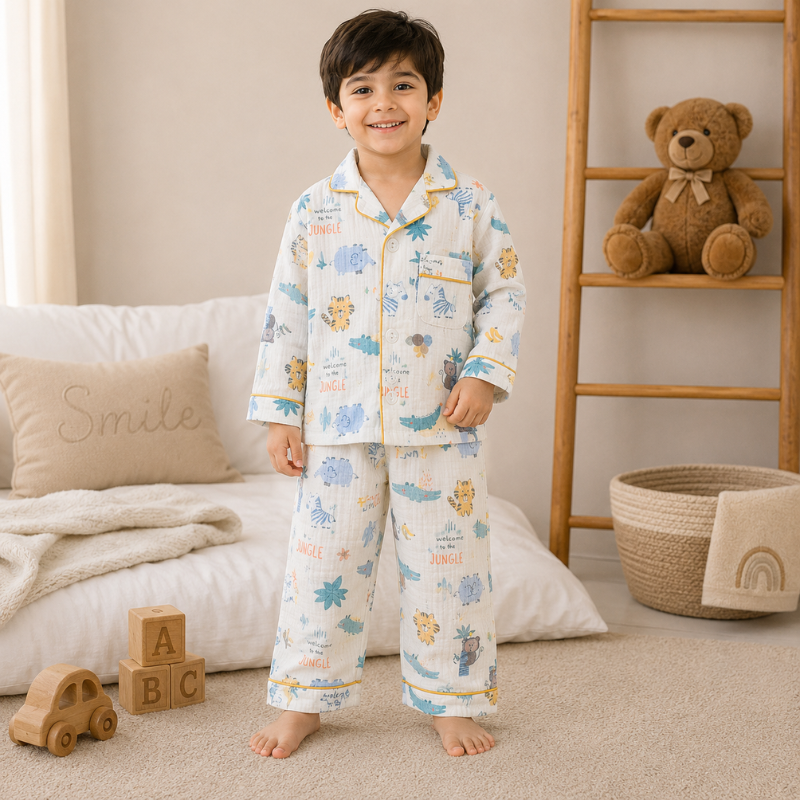 A young boy stands barefoot in a child's bedroom wearing a long-sleeve pajama set with a colorful dinosaur print on a cream background. The room features a white bed, a wooden toy ladder with a teddy bear, and a basket on a beige carpet.