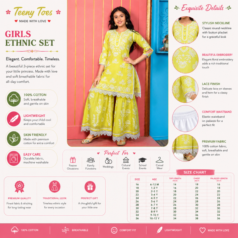 Teeny Toes Girls Lemon Embroidered Cotton Ethnic Kurta Palazzo Set | Festive Wear (6 Months–12 Years)