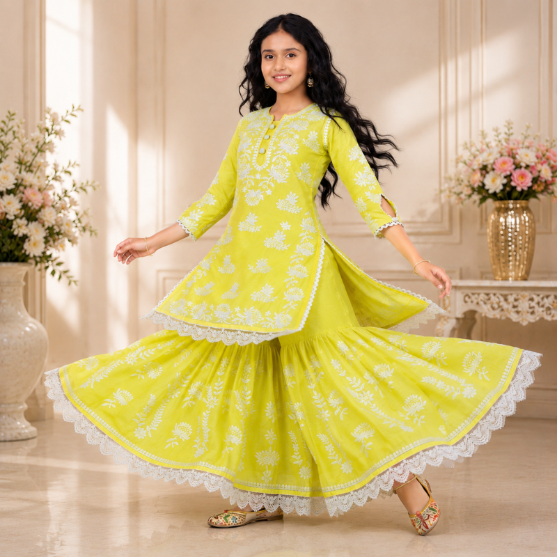 Teeny Toes Girls Lemon Embroidered Cotton Ethnic Kurta Palazzo Set | Festive Wear (6 Months–12 Years)