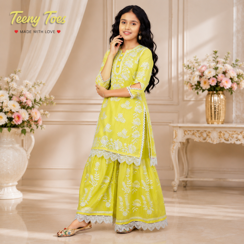 Teeny Toes Girls Lemon Embroidered Cotton Ethnic Kurta Palazzo Set | Festive Wear (6 Months–12 Years)