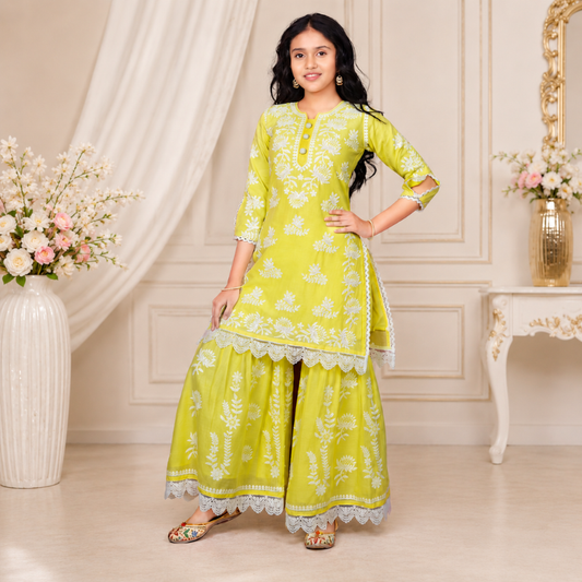 Teeny Toes Girls Lemon Embroidered Cotton Ethnic Kurta Palazzo Set | Festive Wear (6 Months–12 Years)