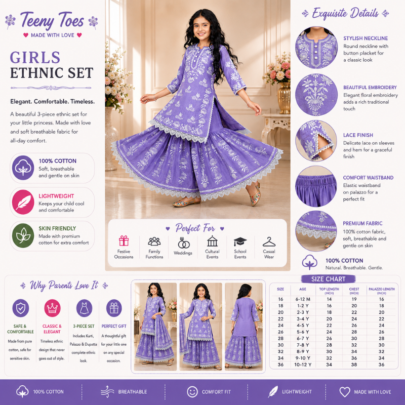 Teeny Toes Girls Lavender Embroidered Cotton Ethnic Kurta Palazzo Set | Festive Wear (6 Months–12 Years)