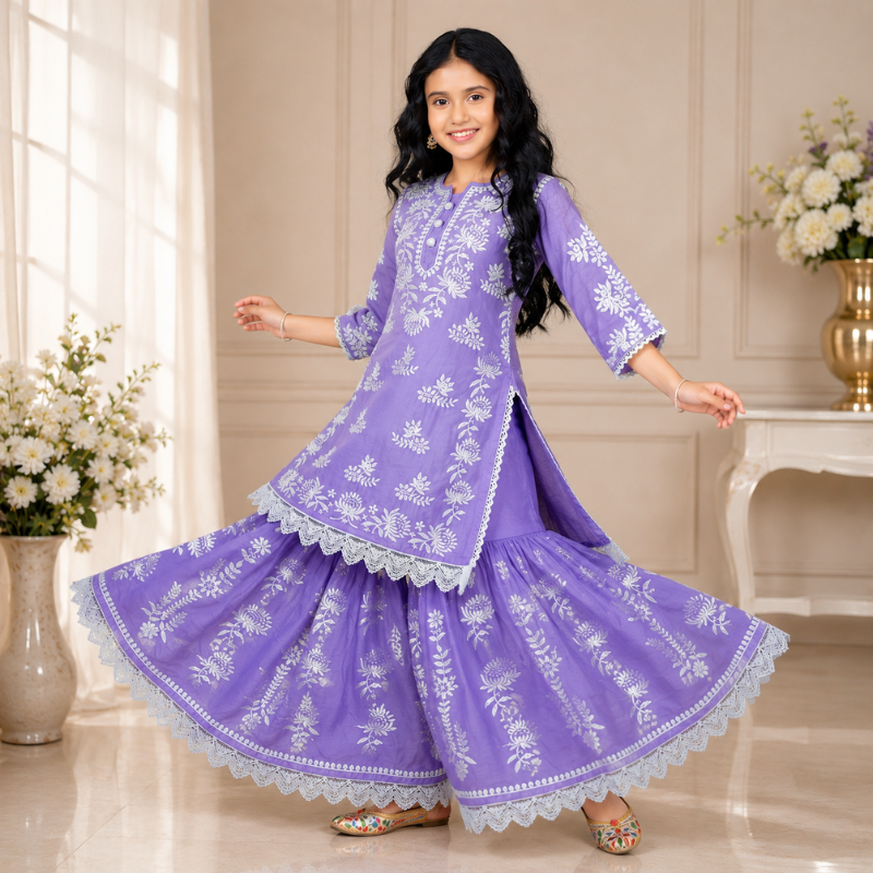 Teeny Toes Girls Lavender Embroidered Cotton Ethnic Kurta Palazzo Set | Festive Wear (6 Months–12 Years)