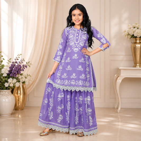 Teeny Toes Girls Lavender Embroidered Cotton Ethnic Kurta Palazzo Set | Festive Wear (6 Months–12 Years)