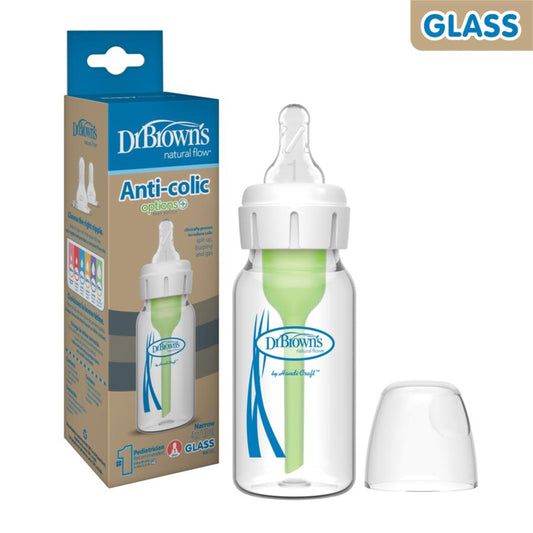 Dr. Brown’s Natural Flow Anti-Colic Glass Baby Bottle Set – 120ml & 250ml – Narrow Neck with Level 1 Nipple + Cleaning Brush – BPA-Free Newborn Feeding Bottles