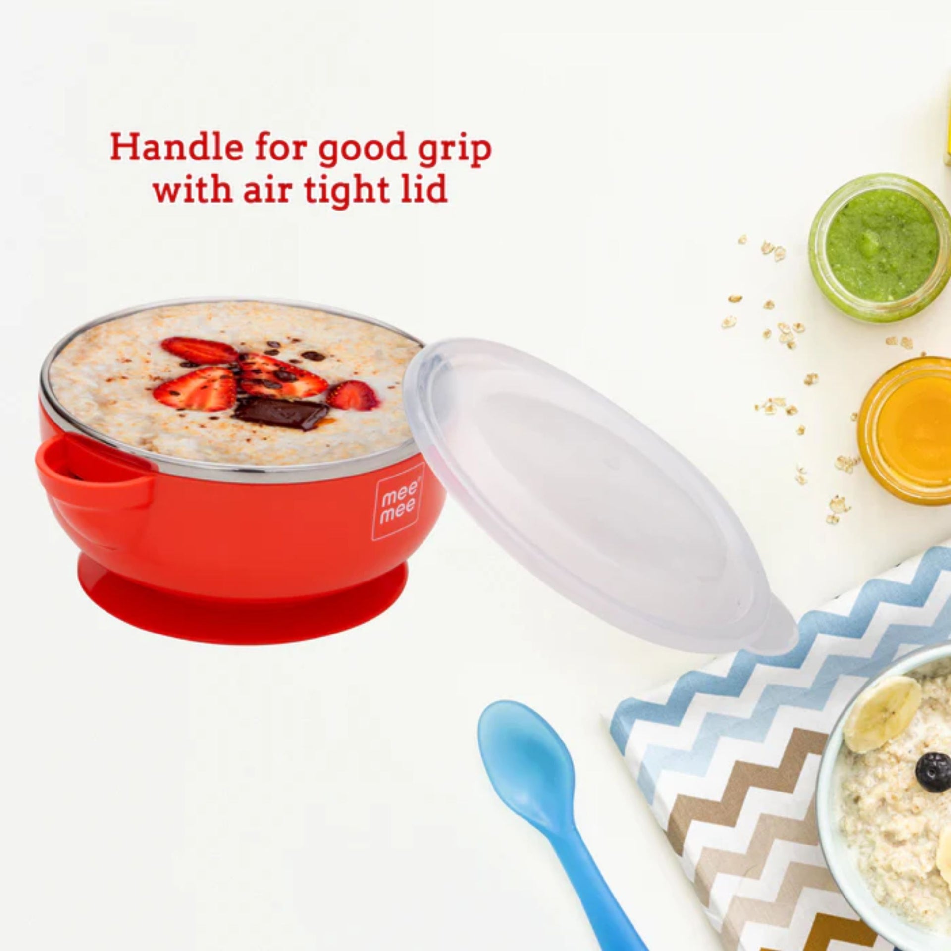 Mee Mee Insulated Baby Feeding Bowl with Handle & Lid (Red) – Stainless Steel Inner, BPA Free, Keeps Food Warm for 30 Minutes