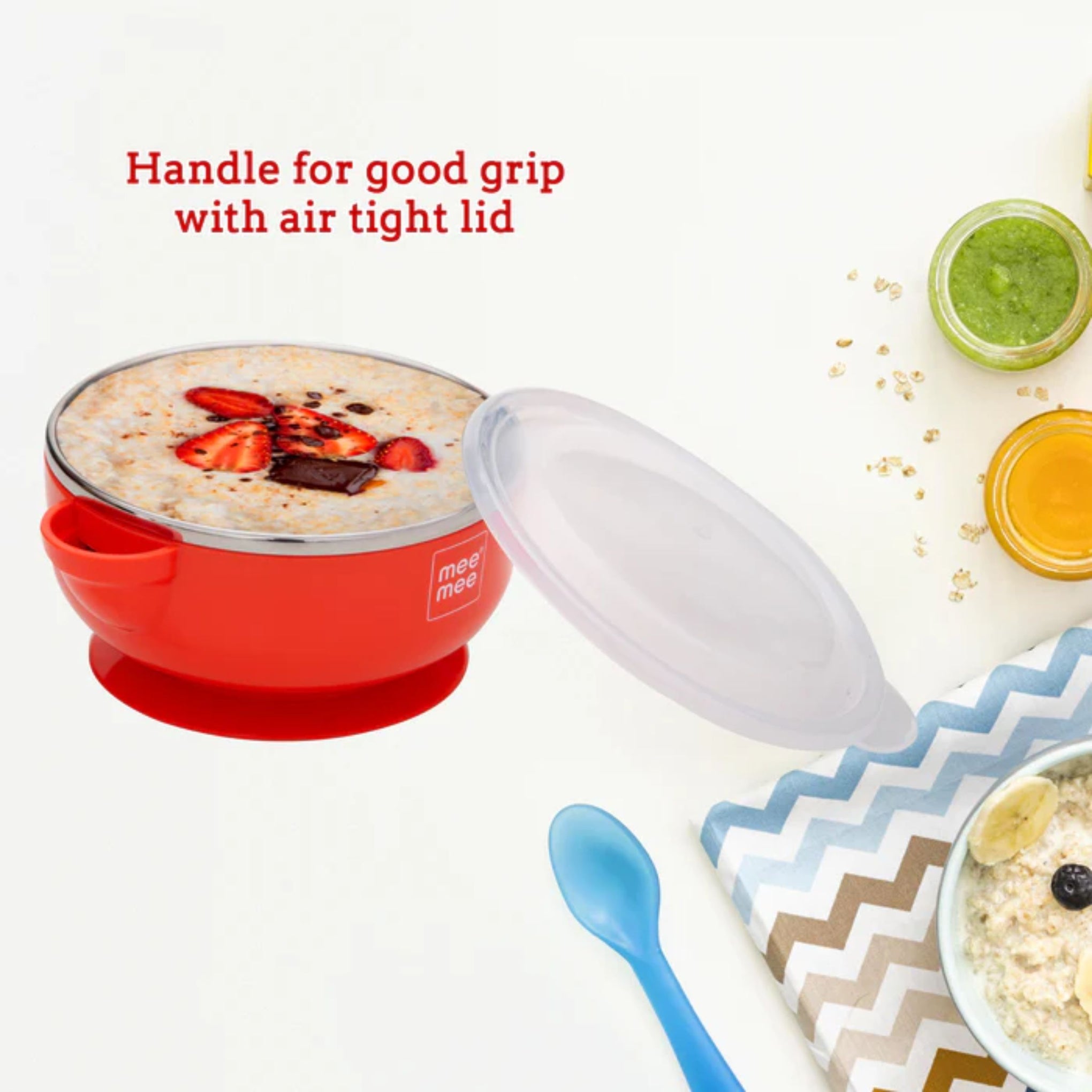 Mee Mee Insulated Baby Feeding Bowl with Handle & Lid (Red) – Stainless Steel Inner, BPA Free, Keeps Food Warm for 30 Minutes