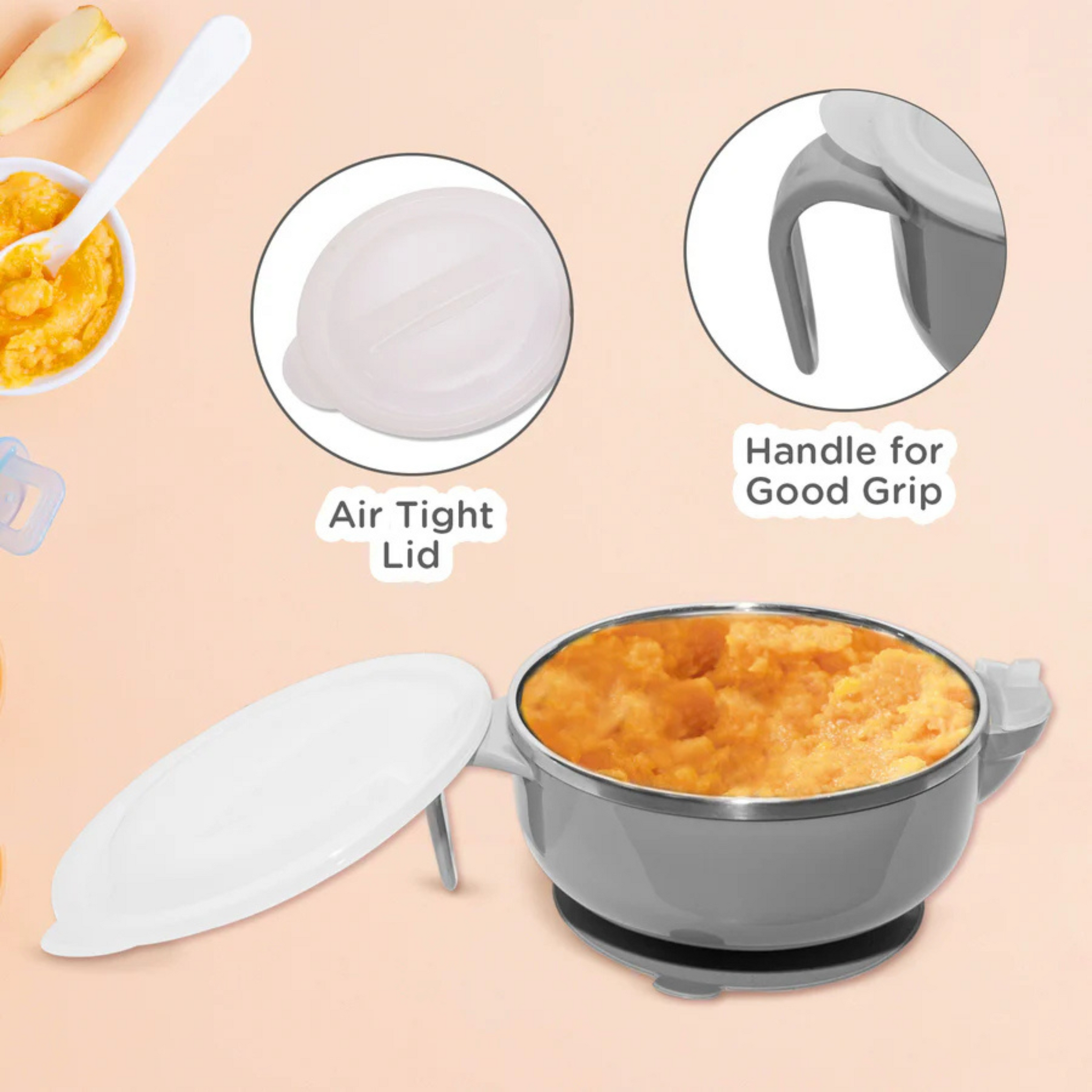 Mee Mee Air Tight Baby Feeding Bowl | BPA Free | Stay Warm Bowl | Food Remains Warm | Multi-Functional Snack/Fruit | Suction Non-Spill Bowl (Grey)