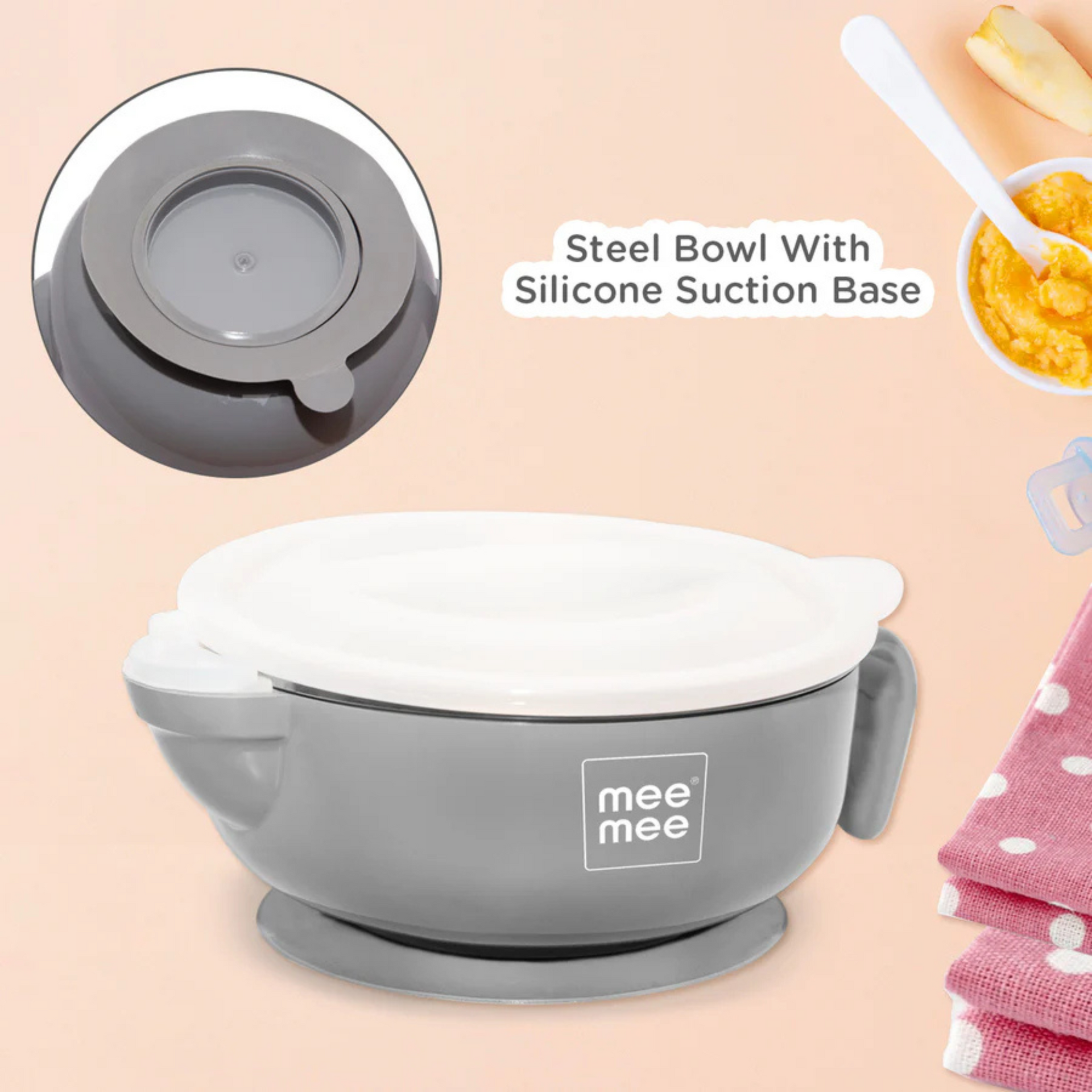 Mee Mee Air Tight Baby Feeding Bowl | BPA Free | Stay Warm Bowl | Food Remains Warm | Multi-Functional Snack/Fruit | Suction Non-Spill Bowl (Grey)
