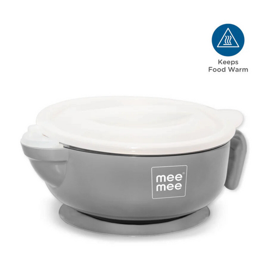 Mee Mee Air Tight Baby Feeding Bowl | BPA Free | Stay Warm Bowl | Food Remains Warm | Multi-Functional Snack/Fruit | Suction Non-Spill Bowl (Grey)