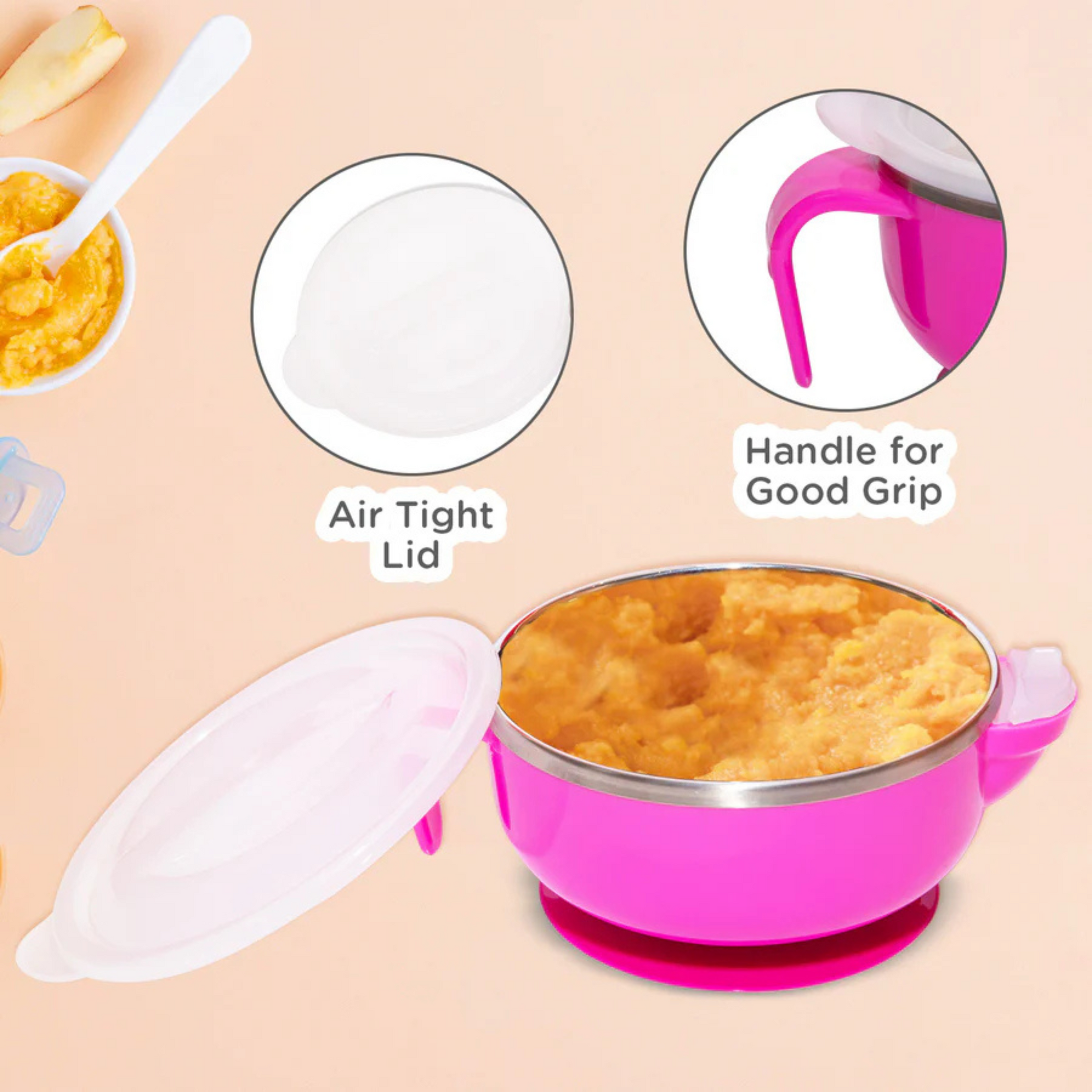 Mee Mee Air Tight Baby Feeding Bowl | BPA Free | Stay Warm Bowl | Food Remains Warm | Multi-Functional Snack/Fruit | Suction Non-Spill Bowl (Pink)