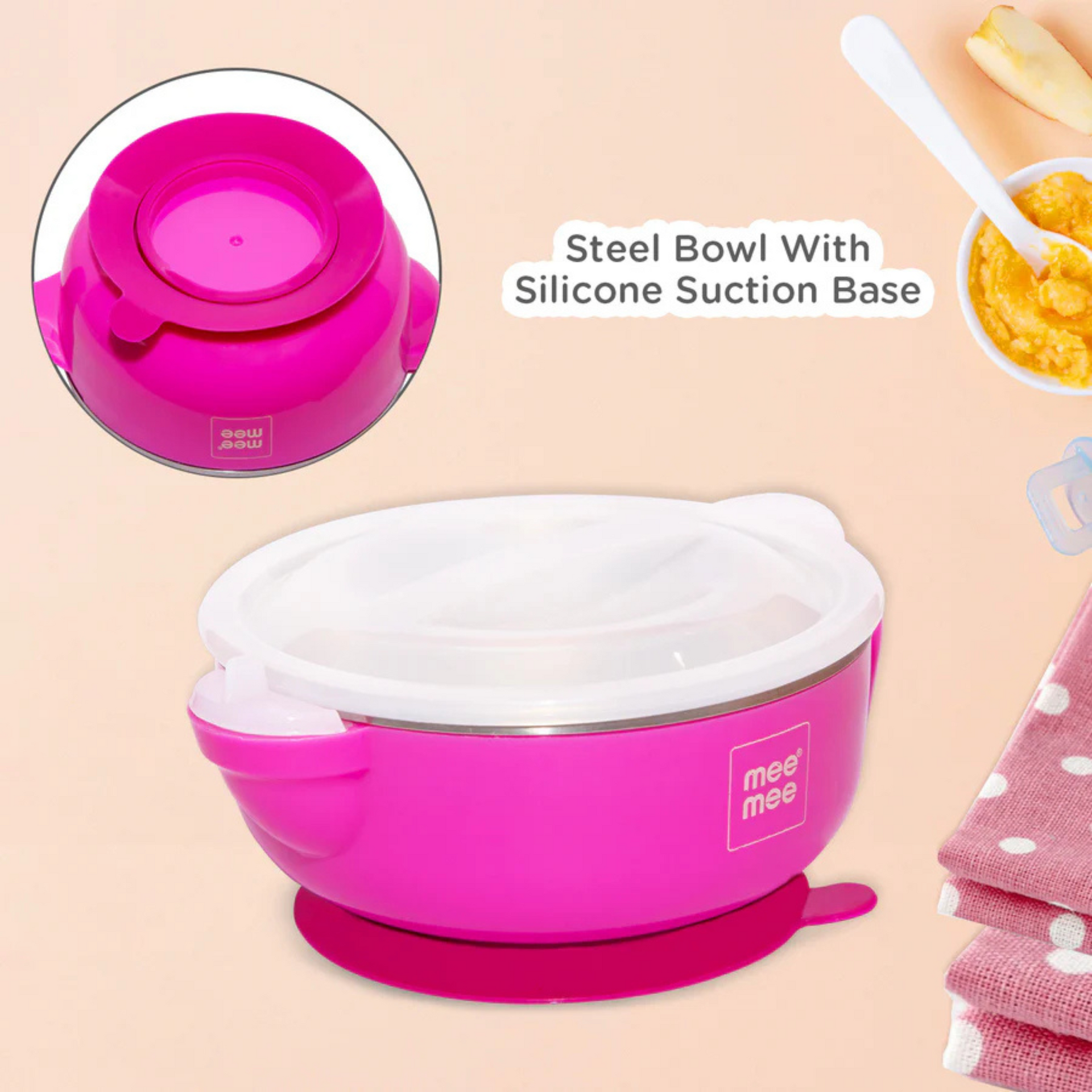 Mee Mee Air Tight Baby Feeding Bowl | BPA Free | Stay Warm Bowl | Food Remains Warm | Multi-Functional Snack/Fruit | Suction Non-Spill Bowl (Pink)