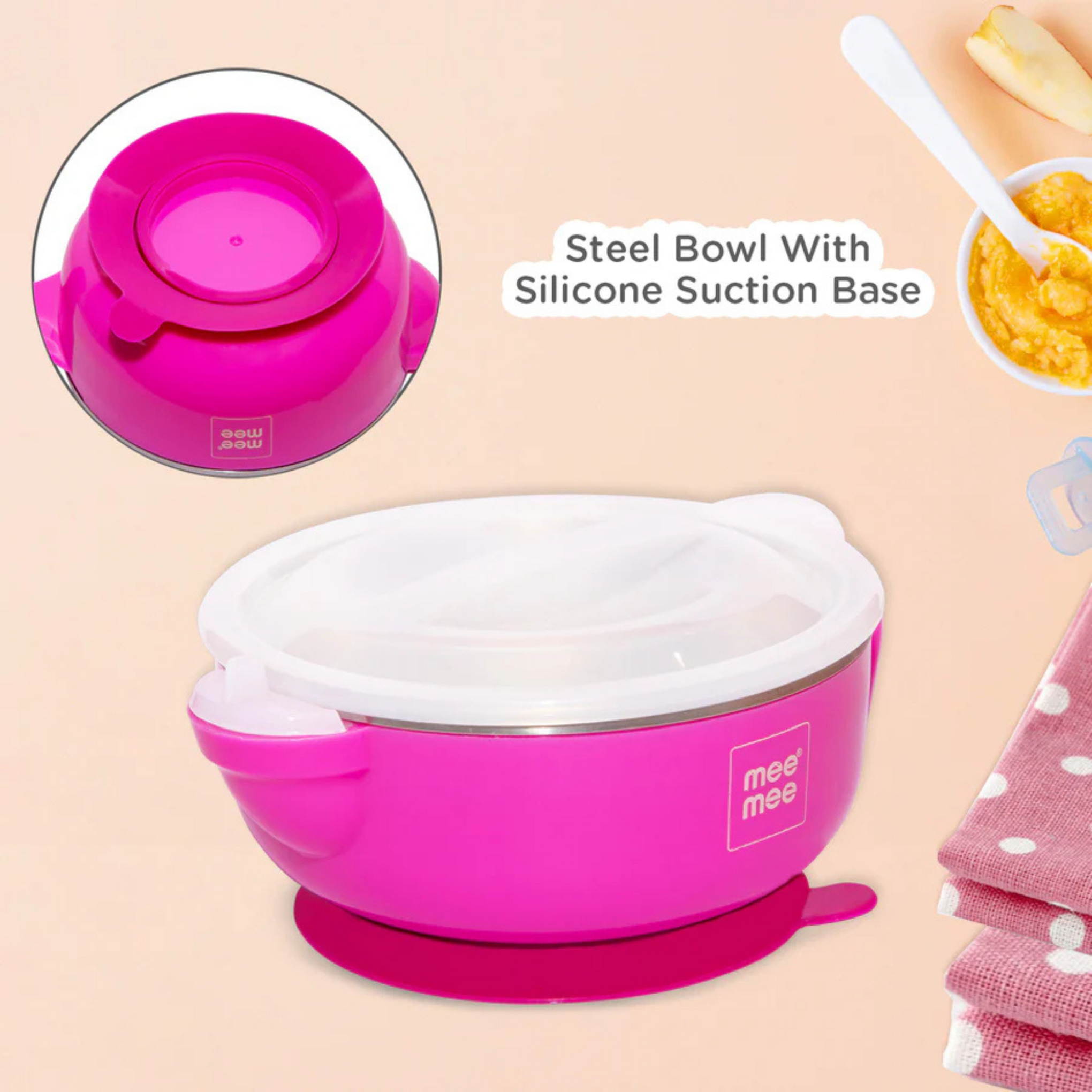 Mee Mee Air Tight Baby Feeding Bowl | BPA Free | Stay Warm Bowl | Food Remains Warm | Multi-Functional Snack/Fruit | Suction Non-Spill Bowl (Pink)