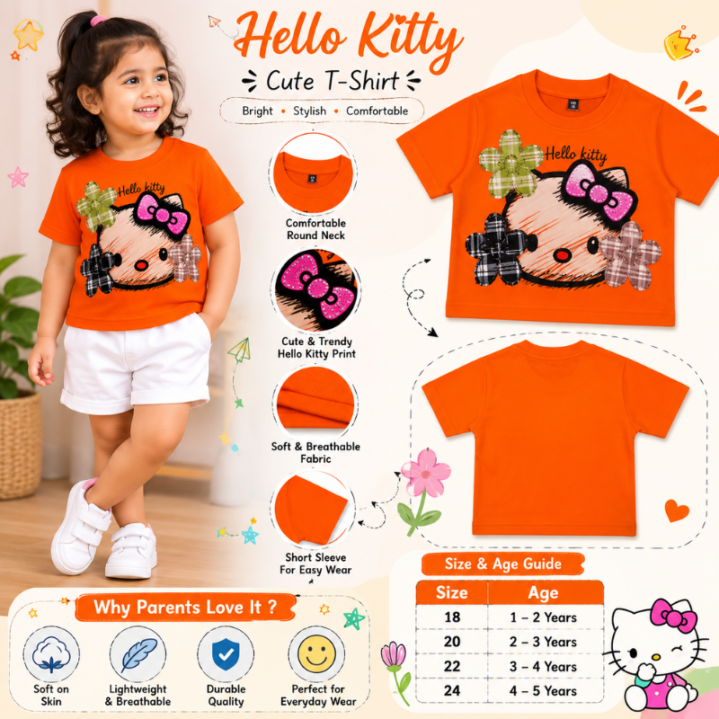 Smile Baby Girls Orange Hello Kitty Printed Cotton T-Shirt | 1–5 Years