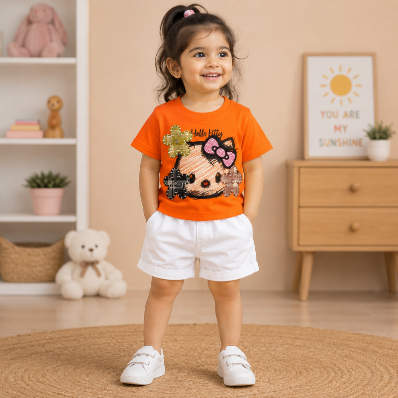 Smile Baby Girls Orange Hello Kitty Printed Cotton T-Shirt | 1–5 Years