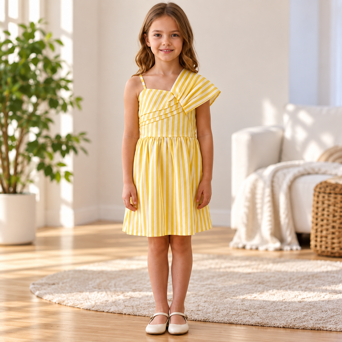 SMILE BABY girls yellow striped one shoulder dress front
