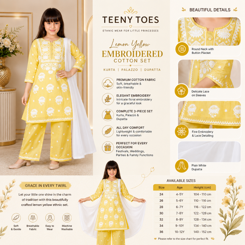 Teeny Toes Girls Yellow Embroidered Cotton Kurta Palazzo Set with Plain White Dupatta | Kids Ethnic Wear (4-12 Years)
