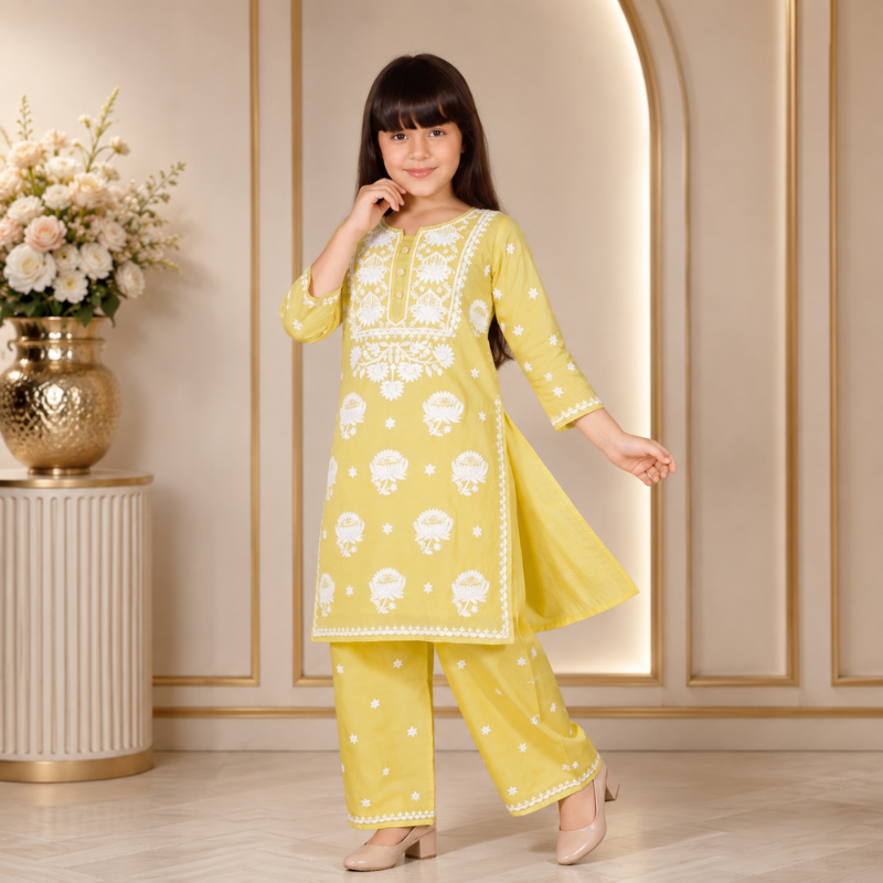 Teeny Toes Girls Yellow Embroidered Cotton Kurta Palazzo Set with Plain White Dupatta | Kids Ethnic Wear (4-12 Years)