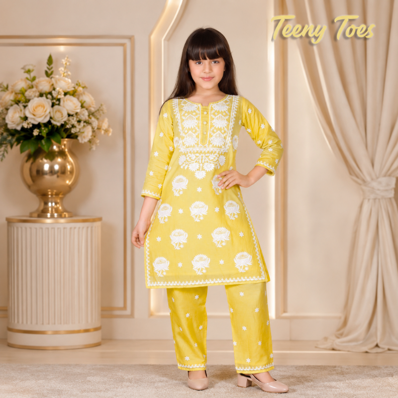 Teeny Toes Girls Yellow Embroidered Cotton Kurta Palazzo Set with Plain White Dupatta | Kids Ethnic Wear (4-12 Years)