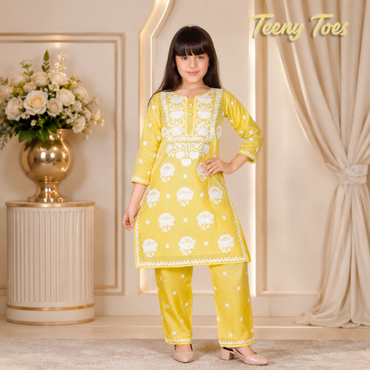 Teeny Toes Girls Yellow Embroidered Cotton Kurta Palazzo Set with Plain White Dupatta | Kids Ethnic Wear (4-12 Years)