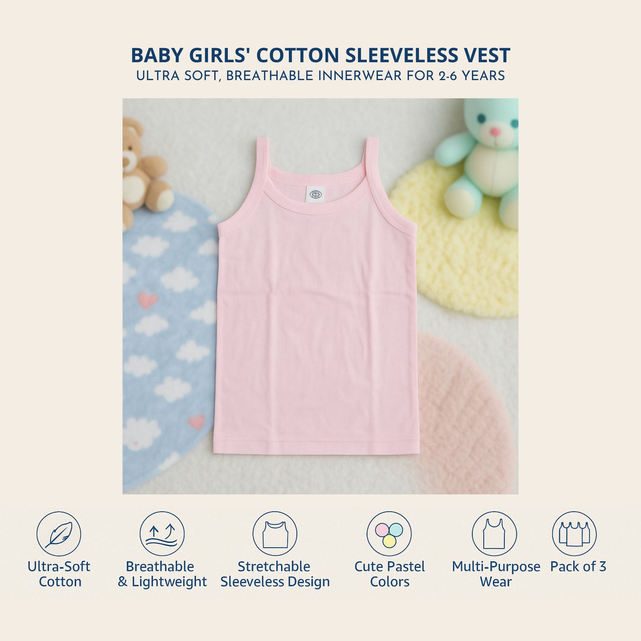 Baby Girls' Cotton Sleeveless Camisole Vest – Ultra Soft, Breathable Innerwear for 2-6 Years | Pack of Any 3