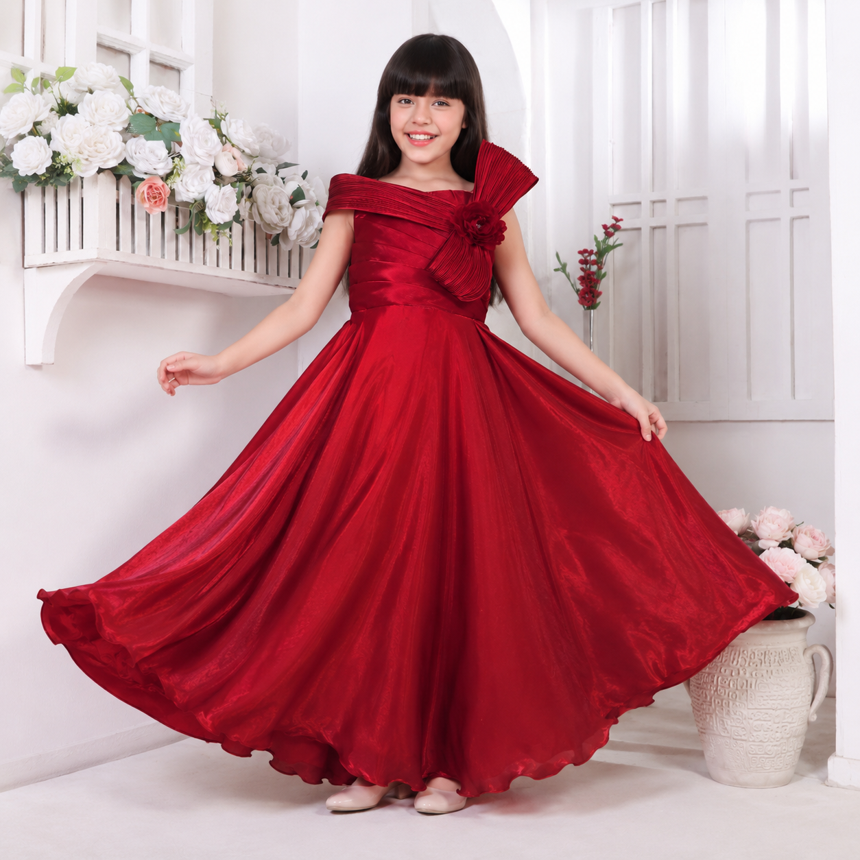 Teeny Toes Girls Rich Red Party Wear One-Piece Gown | Elegant Kids Occasion Dress (3–12 Years)