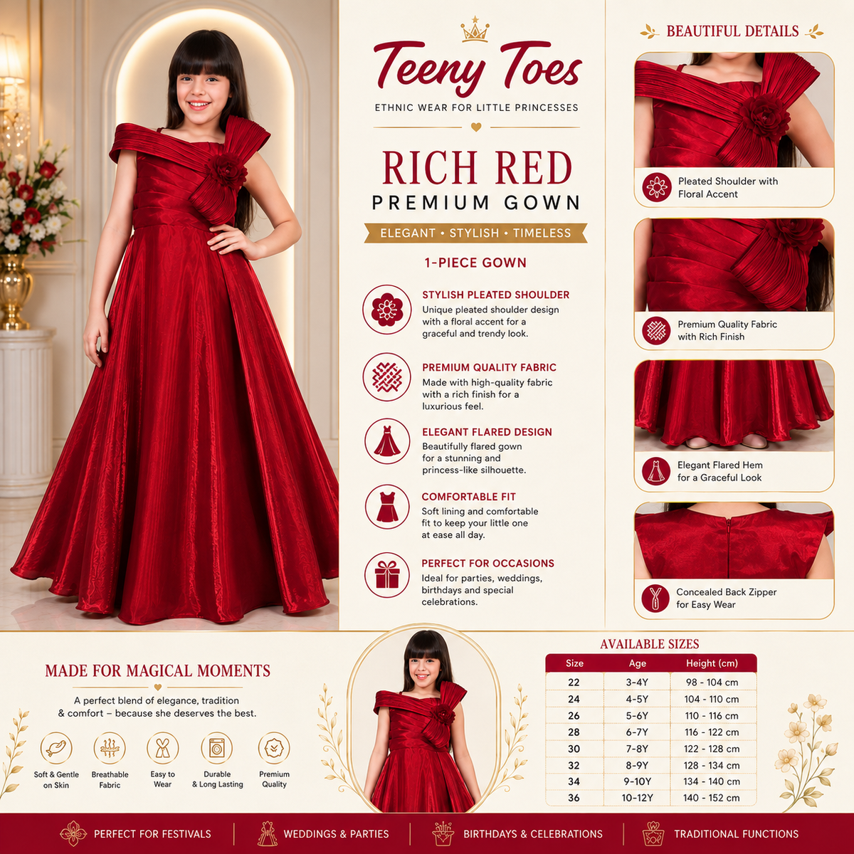 Teeny Toes Girls Rich Red Party Wear One-Piece Gown | Elegant Kids Occasion Dress (3–12 Years)
