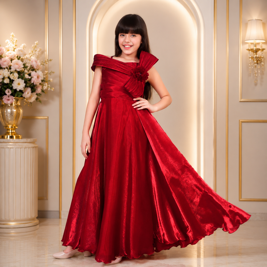 Teeny Toes Girls Rich Red Party Wear One-Piece Gown | Elegant Kids Occasion Dress (3–12 Years)