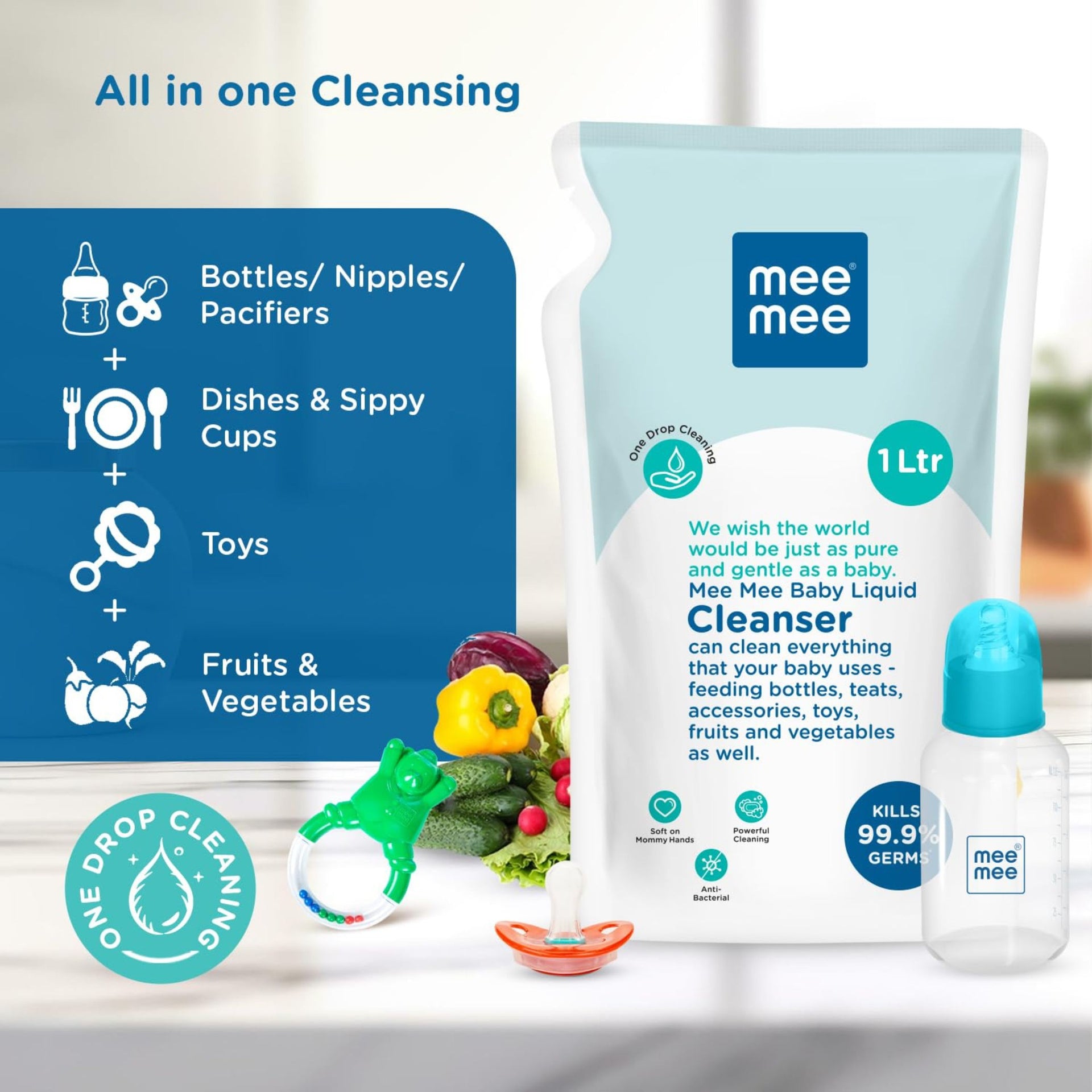 Mee Mee Baby Liquid Cleanser 1000ml, Anti-Bacterial Kills 99.9% Germs | Cleanser for Baby Bottles, Nipples, Accessories, Toys, Fruits & Vegetables No Alcohol,One Drop Cleaning Dermatologically Tested (1 L - Refill Pack)