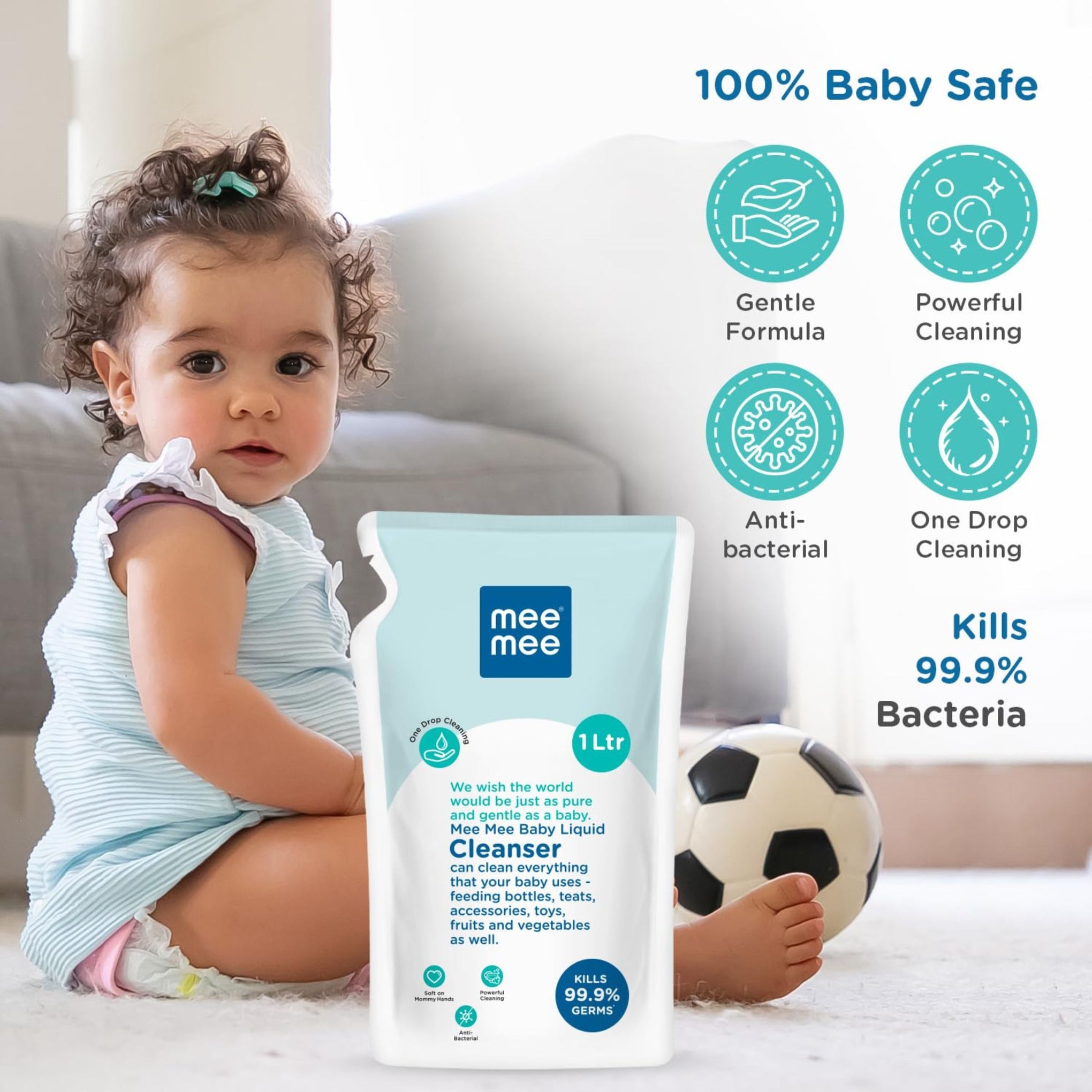 Mee Mee Baby Liquid Cleanser 1000ml, Anti-Bacterial Kills 99.9% Germs | Cleanser for Baby Bottles, Nipples, Accessories, Toys, Fruits & Vegetables No Alcohol,One Drop Cleaning Dermatologically Tested (1 L - Refill Pack)