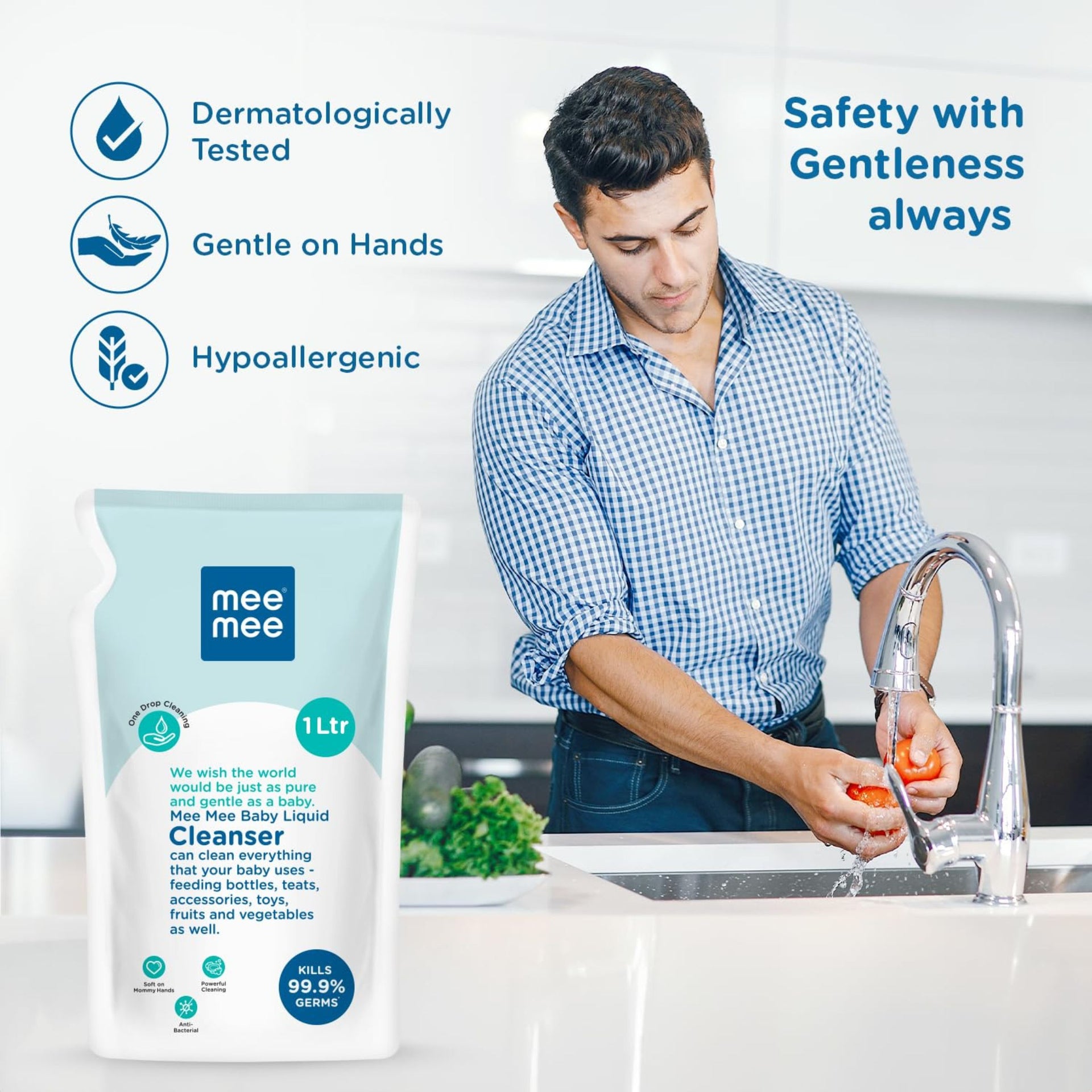 Mee Mee Baby Liquid Cleanser 1000ml, Anti-Bacterial Kills 99.9% Germs | Cleanser for Baby Bottles, Nipples, Accessories, Toys, Fruits & Vegetables No Alcohol,One Drop Cleaning Dermatologically Tested (1 L - Refill Pack)