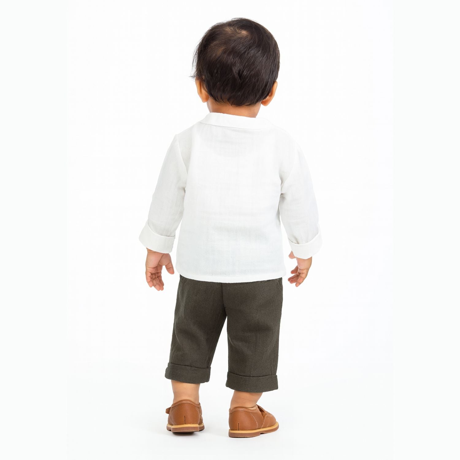 Smile Baby Cotton Shirt & Pant Set – White/Olive & White/Brown | 0–3 Years