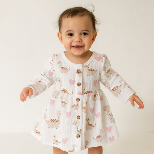 Smile Baby Cream Dinosaur & Hearts Print Cotton Dress for Girls (0–3 Years)