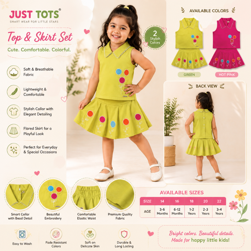 JUST TOTS Girls Top & Skirt Set | Stylish Sleeveless Kids Outfit – Hot Pink & Green 