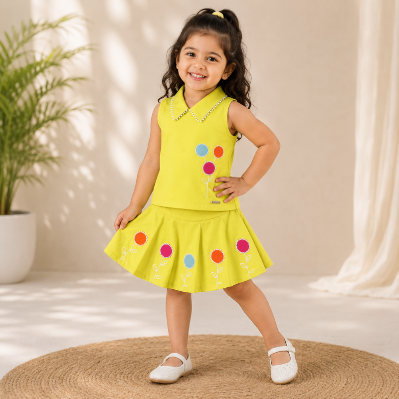 JUST TOTS Girls Top & Skirt Set | Stylish Sleeveless Kids Outfit – Hot Pink & Green 