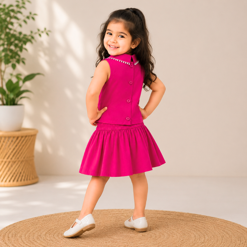 JUST TOTS Girls Top & Skirt Set | Stylish Sleeveless Kids Outfit – Hot Pink & Green 