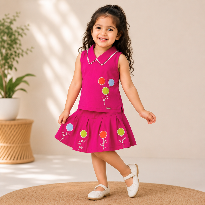 JUST TOTS Girls Top & Skirt Set | Stylish Sleeveless Kids Outfit – Hot Pink & Green 