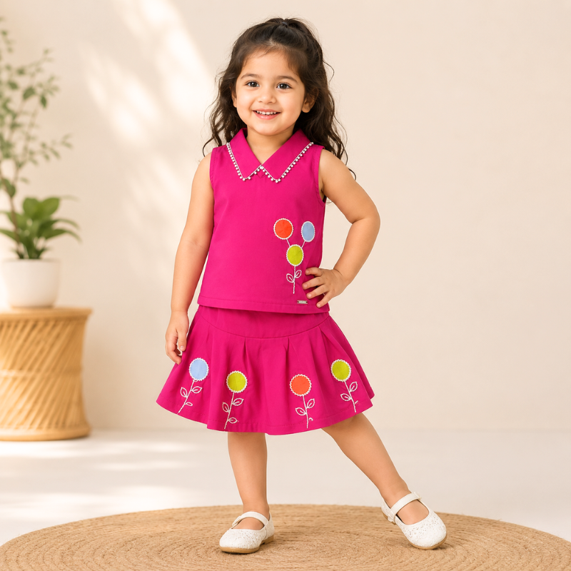 JUST TOTS Girls Top & Skirt Set | Stylish Sleeveless Kids Outfit – Hot Pink & Green 
