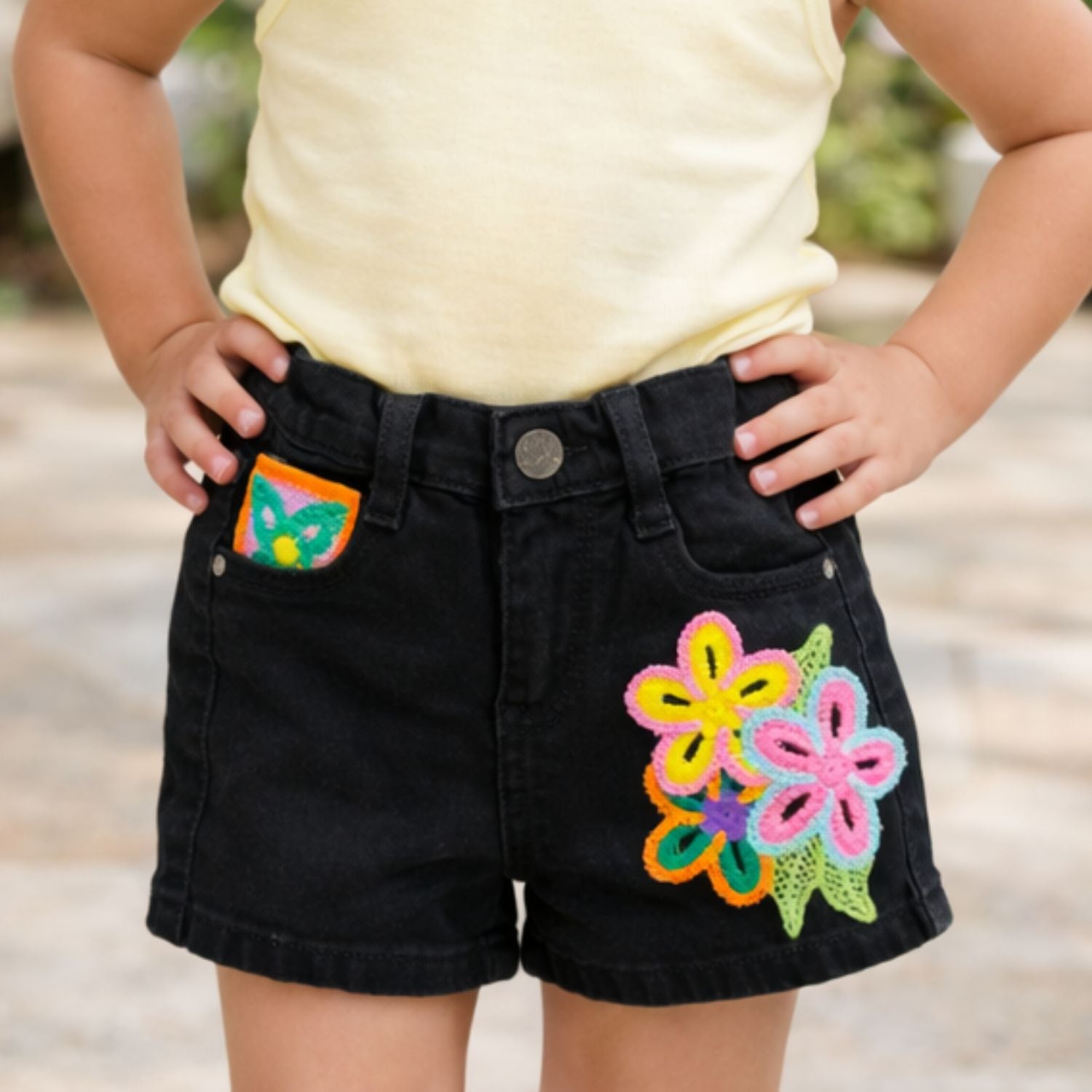 LOVEKINS Girls Black Denim Floral Embroidered Shorts (18 Months – 6 Years)